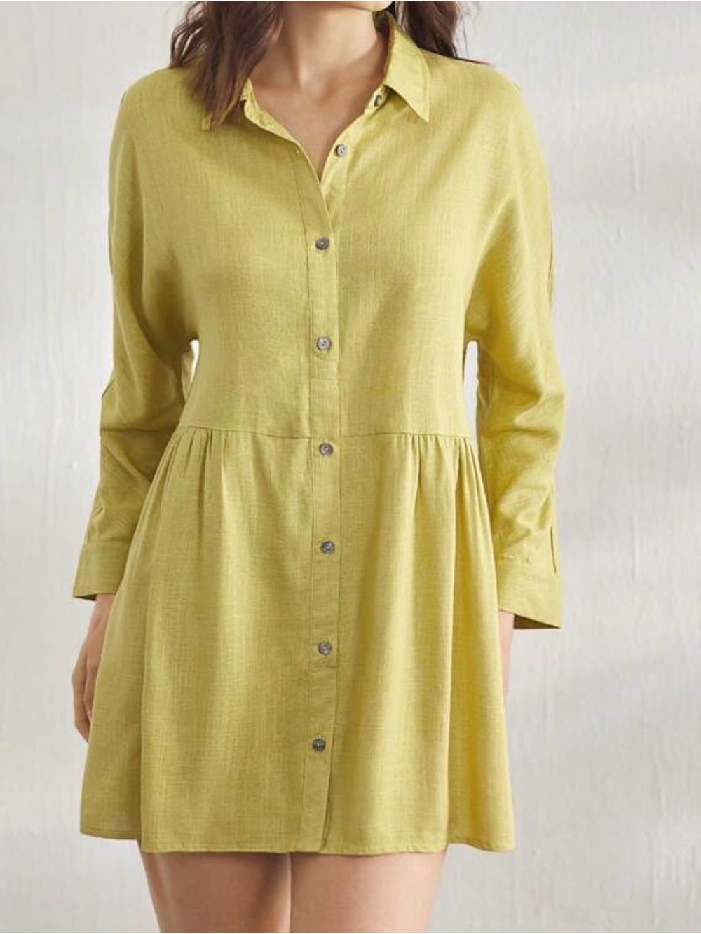 Long Sleeve Button-Front Shirt Dress in Chartreuse